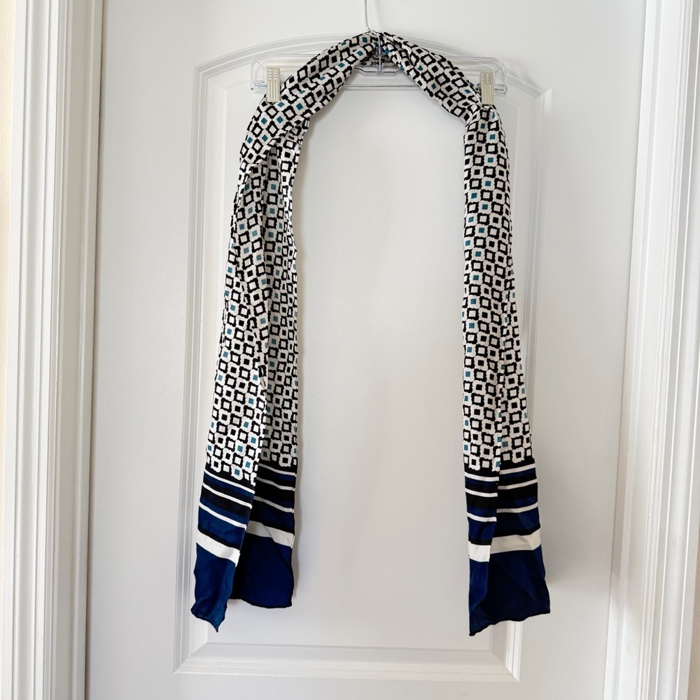 Silk Feel Skinny Scarf Navy Geometric Long 10x68